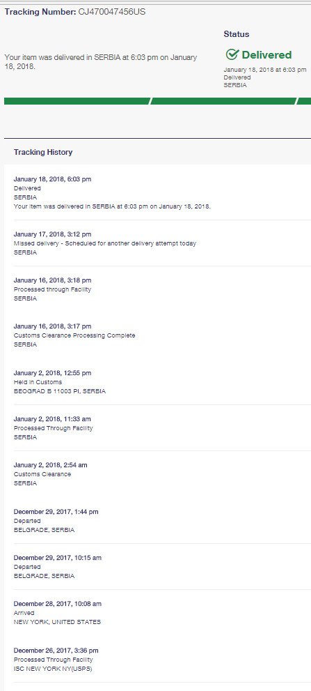 USPS Priority Mail statusi isporuke paketa do Srbije
